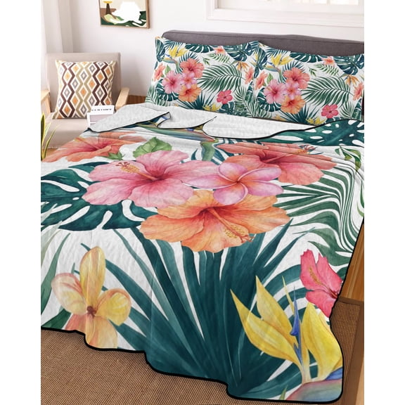Full Quilt Bedding Set, Summer Colorful Hibiscus Flower Lightweight Coverlet Summer Comforter Set Soft Microfiber Bedspread, Tropical Monstera Plam Leaf 3 Piece Quilt Set with 2 Pillow Shams
