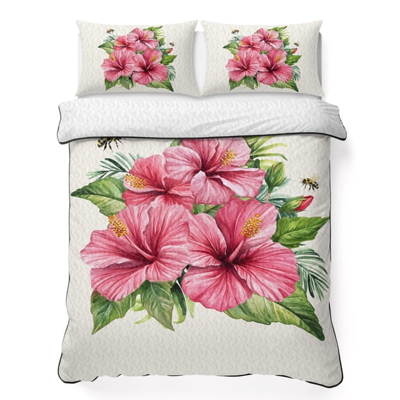 Full Quilt Bedding Set Summer Hibiscus Flower Breathable Summer Cooling Blanket for Hot Sleepers, Tropical Plant Palm Leaf Bee Lightweight Soft Bedding Set with 2 Pillow Shams for All Season