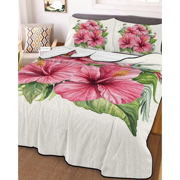 Full Quilt Bedding Set, Summer Hibiscus Flower Lightweight Coverlet Summer Comforter Set Soft Microfiber Bedspread, Tropical Plant Palm Leaf Bee 3 Piece Quilt Set with 2 Pillow Shams All Seasons Use