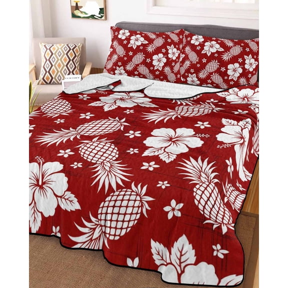 Full Quilt Bedding Set, Summer Hibiscus Flower on Red Lightweight Coverlet Summer Comforter Set Soft Microfiber Bedspread, Summer Pineapple Floral 3 Piece Quilt Set with 2 Pillow Shams