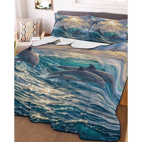 Full Quilt Bedding Set, Summer Jumping Dolphins Seagull Lightweight Coverlet Summer Comforter Set Soft Microfiber Bedspread, Coastal Ocean Sceneric 3 Piece Quilt Set with 2 Pillow Shams