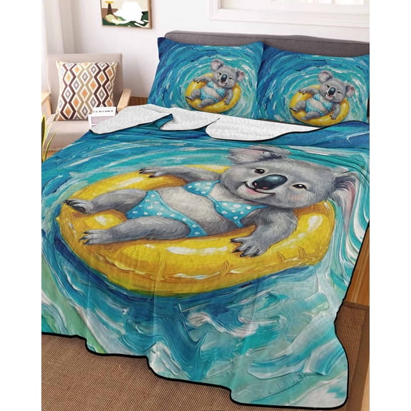 Full Quilt Bedding Set, Summer Koala on Swimming Circle Lightweight Coverlet Summer Comforter Set Soft Microfiber Bedspread, Oil Painting Style Sea 3 Piece Quilt Set with 2 Pillow Shams