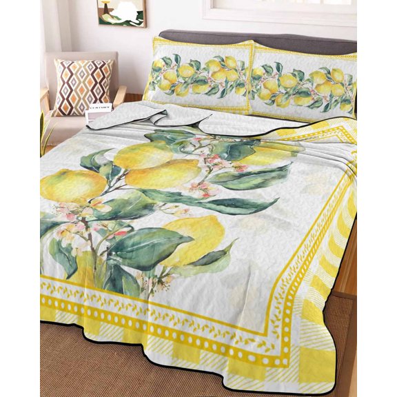 Full Quilt Bedding Set Summer Lemon Farm Sketch Leaf Summer Quilt Lightweight Quilted Coverlet with 2 Pillow Shams, Rural Fruit Yellow Buffalo Grid 3-Piece Bedspread Quilt Set for All Season