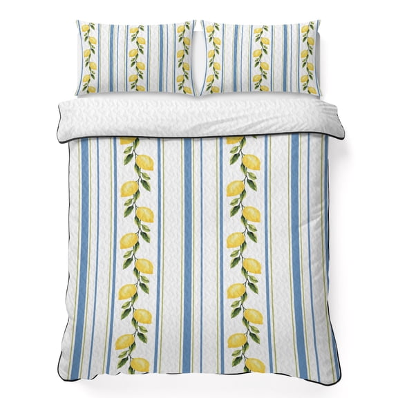 Full Quilt Bedding Set, Summer Lemon Leaves Soft Microfiber Summer Bedspread Coverlet with 2 Pillow Shams for All Season, Blue Yellow Striped Breathable Bedding Set for Hot Sleepers