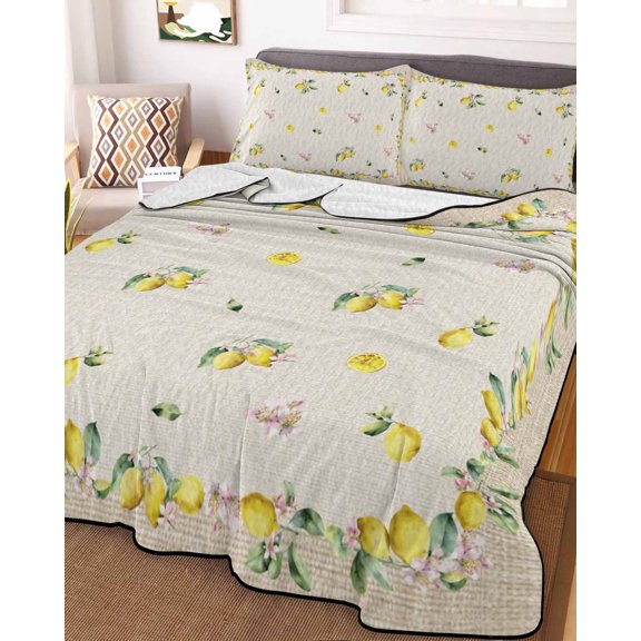 Full Quilt Bedding Set, Summer Lemon on Linen Burlap Lightweight Coverlet Summer Comforter Set Soft Microfiber Bedspread, Farm Fruit Floral Leaves 3 Piece Quilt Set with 2 Pillow Shams