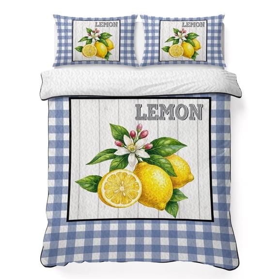 Full Quilt Bedding Set, Summer Lemons Flowers Soft Microfiber Summer Bedspread Coverlet with 2 Pillow Shams for All Season, Blue White Plaid Breathable Bedding Set for Hot Sleepers