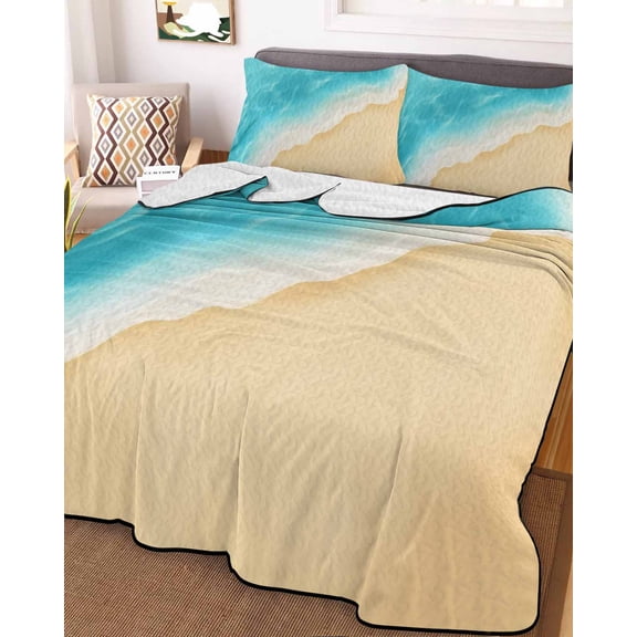 Full Quilt Bedding Set, Summer Ocean Beach Sand Lightweight Coverlet Summer Comforter Set Soft Microfiber Bedspread, Teal Gradient Water Ripple 3 Piece Quilt Set with 2 Pillow Shams All Seasons Use