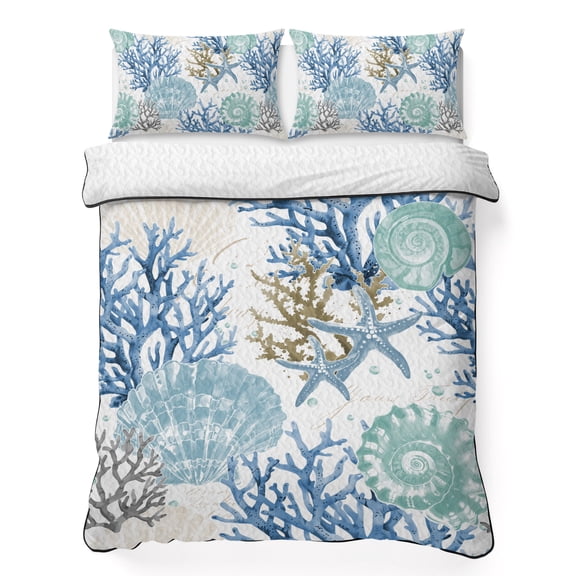 Full Quilt Bedding Set Summer Ocean Shell Blue Coral Breathable Summer Cooling Blanket for Hot Sleepers, Starfish Conch Lightweight Soft Bedding Set with 2 Pillow Shams for All Season