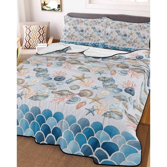 Full Quilt Bedding Set, Summer Ocean Starfish Coral Lightweight Coverlet Summer Comforter Set Soft Microfiber Bedspread, Gradient Blue Fish Scale 3 Piece Quilt Set with 2 Pillow Shams All Seasons Use