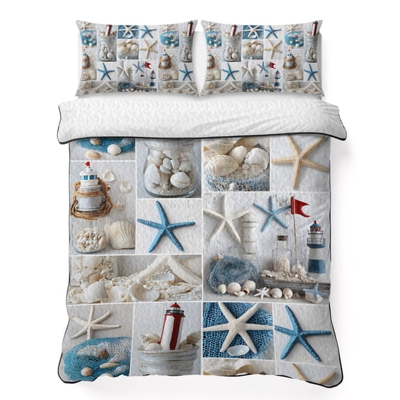 Full Quilt Bedding Set Summer Ocean Starfish Shell Conch Lighthouse Breathable Summer Cooling Blanket for Hot Sleepers, Ocean Collage Art Soft Bedding Set with 2 Pillow Shams for All Season