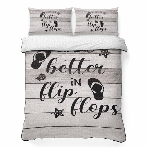 Full Quilt Bedding Set, Summer Ocean Theme Texts with Flip Flops Soft Microfiber Summer Bedspread Coverlet with 2 Pillow Shams for All Season, Wooden Grain Breathable Bedding Set for Hot Sleepers