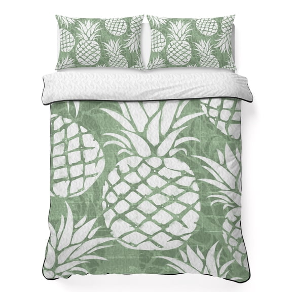 Full Quilt Bedding Set, Summer Pineapple Sage Green Soft Microfiber Summer Bedspread Coverlet with 2 Pillow Shams for All Season, Farm Fruit Harvest Breathable Bedding Set for Hot Sleepers