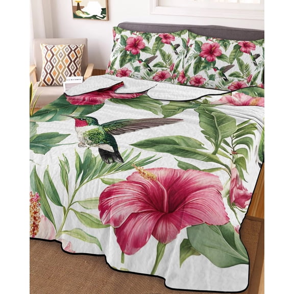 Full Quilt Bedding Set, Summer Pink Hibiscus Hummingbirds Lightweight Coverlet Summer Comforter Set Soft Microfiber Bedspread, Tropical Flower Bird 3 Piece Quilt Set with 2 Pillow Shams