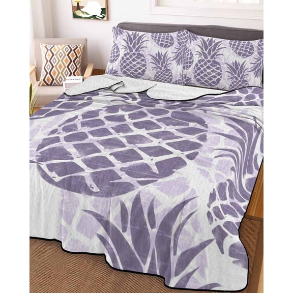 Full Quilt Bedding Set, Summer Purple Pineapple Lightweight Coverlet Summer Comforter Set Soft Microfiber Bedspread, Farmhouse Tropical Fruit 3 Piece Quilt Set with 2 Pillow Shams All Seasons Use