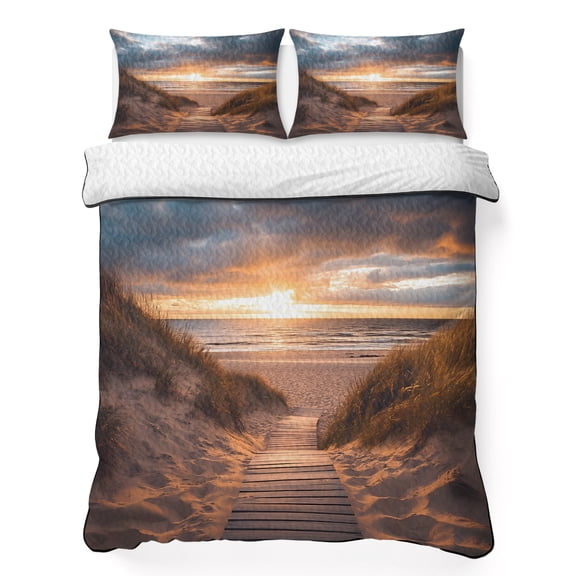 Full Quilt Bedding Set, Summer Seaside Beach Sunset Boardwalk Soft Microfiber Summer Bedspread Coverlet with 2 Pillow Shams for All Season, Ocean Water Breathable Bedding Set for Hot Sleepers
