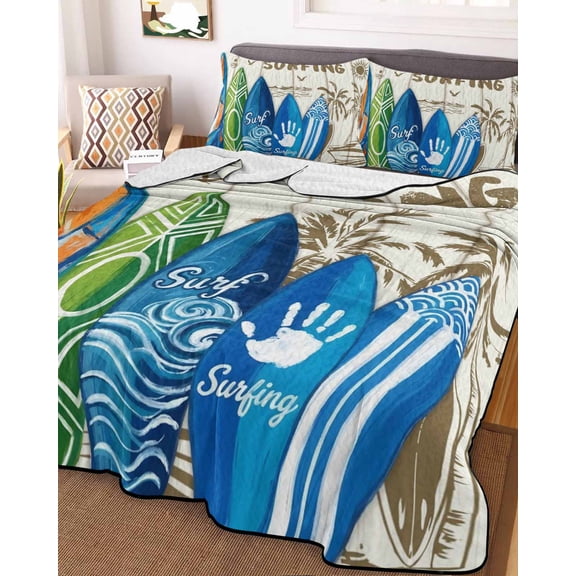 Full Quilt Bedding Set, Summer Surfing Beach Tropical Palm Tree Lightweight Coverlet Summer Comforter Set Soft Microfiber Bedspread, Rustic Wooden Plank 3 Piece Quilt Set with 2 Pillow Shams