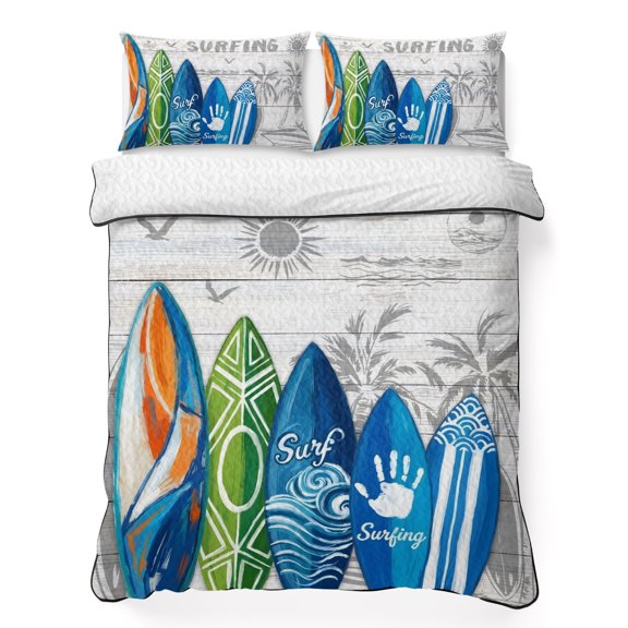 Full Quilt Bedding Set Summer Surfing Tropical Surfboard Palm Tree Breathable Summer Cooling Blanket for Hot Sleepers, Wood Board Lightweight Soft Bedding Set with 2 Pillow Shams for All Season