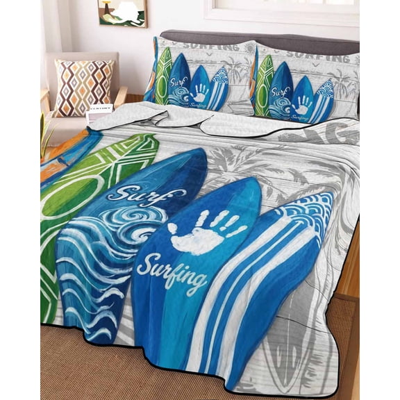 Full Quilt Bedding Set, Summer Surfing Tropical Surfboard Palm Tree Lightweight Coverlet Summer Comforter Set Soft Microfiber Bedspread, Wood Board 3 Piece Quilt Set with 2 Pillow Shams