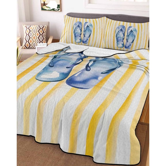Full Quilt Bedding Set Summer Watercolor Flip-flops Summer Quilt Lightweight Quilted Coverlet with 2 Pillow Shams, Vibrant Yellow Stripes 3-Piece Bedspread Quilt Set for All Season