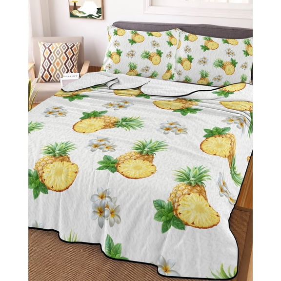 Full Quilt Bedding Set, Summer Watercolor Pineapple Lightweight Coverlet Summer Comforter Set Soft Microfiber Bedspread, Seamless Fruit Flower Art 3 Piece Quilt Set with 2 Pillow Shams