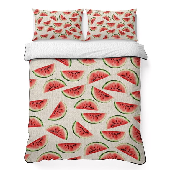 Full Quilt Bedding Set Summer Watercolor Watermelon Breathable Summer Cooling Blanket for Hot Sleepers, Retro Fruit on Linen Lightweight Soft Bedding Set with 2 Pillow Shams for All Season