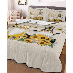 Full Quilt Bedding Set, Sweet Sunshine Words Gnomes Lightweight Coverlet Summer Comforter Set Soft Microfiber Bedspread, Farm Sunflowers on Linen 3 Piece Quilt Set with 2 Pillow Shams All Seasons Use