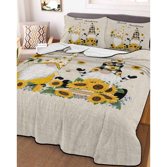 Full Quilt Bedding Set, Sweet Sunshine Words Gnomes Lightweight Coverlet Summer Comforter Set Soft Microfiber Bedspread, Farm Sunflowers on Linen 3 Piece Quilt Set with 2 Pillow Shams All Seasons Use
