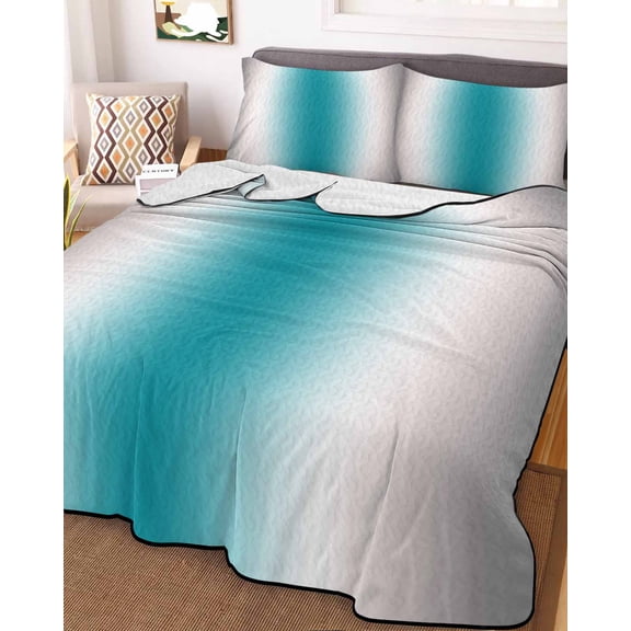 Full Quilt Bedding Set, Teal Grey Gradient Lightweight Coverlet Summer Comforter Set Soft Microfiber Bedspread, Turquoise Ombre 3 Piece Quilt Set with 2 Pillow Shams All Seasons Use