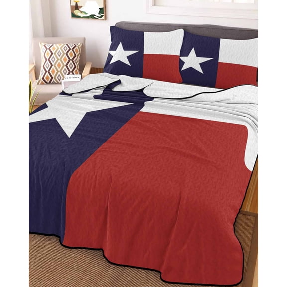 Full Quilt Bedding Set Texas Star Flag Summer Quilt Lightweight Quilted Coverlet with 2 Pillow Shams, Star and White Red Stripe 3-Piece Bedspread Quilt Set for All Season