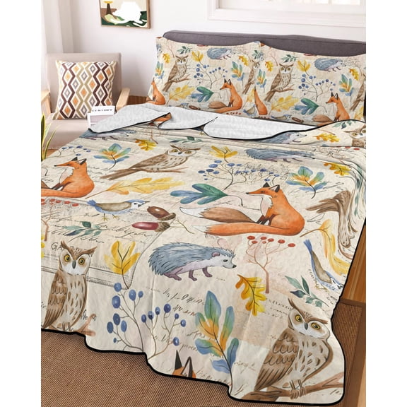 Full Quilt Bedding Set Thanksgiving Cute Fox Hedgehog Owl on Retro Summer Quilt Lightweight Quilted Coverlet with 2 Pillow Shams, Autumn Leaf 3-Piece Bedspread Quilt Set for All Season