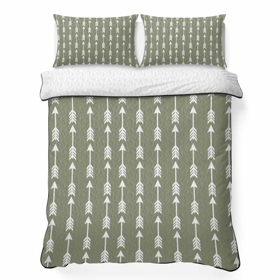 Full Quilt Bedding Set, Tribal Style Arrows Feathers Soft Microfiber Summer Bedspread Coverlet with 2 Pillow Shams for All Season, Solid Color Green Background Breathable Bedding Set for Hot Sleepers