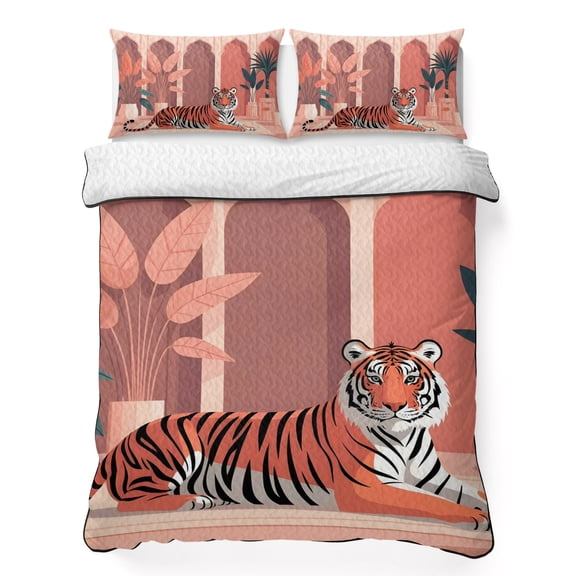 Full Quilt Bedding Set, Tropical Animals Bengal Tiger Soft Microfiber Summer Bedspread Coverlet with 2 Pillow Shams for All Season, Boho Arched Windows Breathable Bedding Set for Hot Sleepers