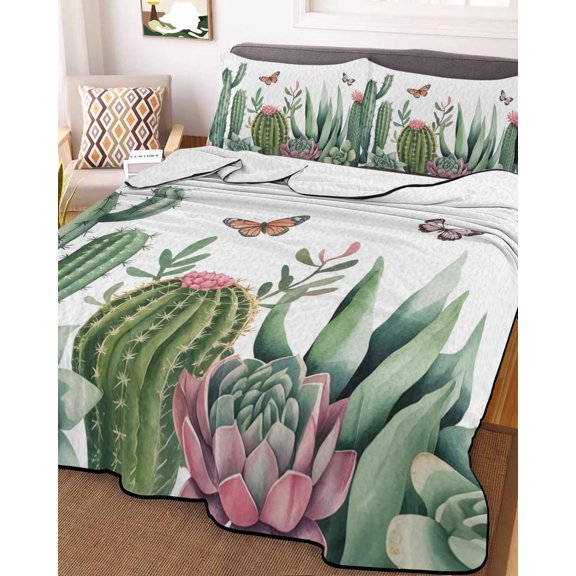 Full Quilt Bedding Set, Tropical Plants Cactus Succulents Butterfly Lightweight Coverlet Summer Comforter Set Soft Microfiber Bedspread, Nature Green White 3 Piece Quilt Set with 2 Pillow Shams