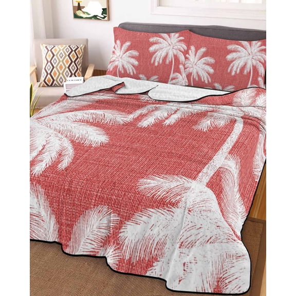 Full Quilt Bedding Set, Tropical Trees Coral Red Burlap Lightweight Coverlet Summer Comforter Set Soft Microfiber Bedspread, Summer Coconut Tree Silhouette 3 Piece Quilt Set with 2 Pillow Shams