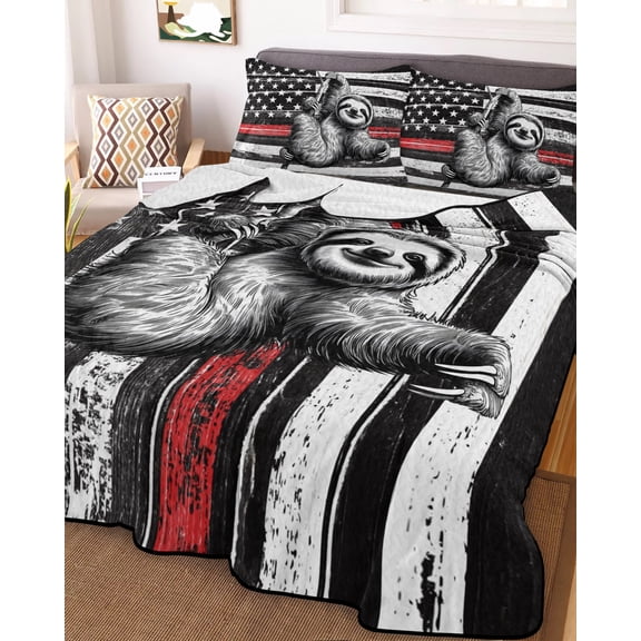 Full Quilt Bedding Set, USA Flag Red Line Firefighter with Sloth Lightweight Coverlet Summer Comforter Set Soft Microfiber Bedspread, Wooden Texture 3 Piece Quilt Set with 2 Pillow Shams