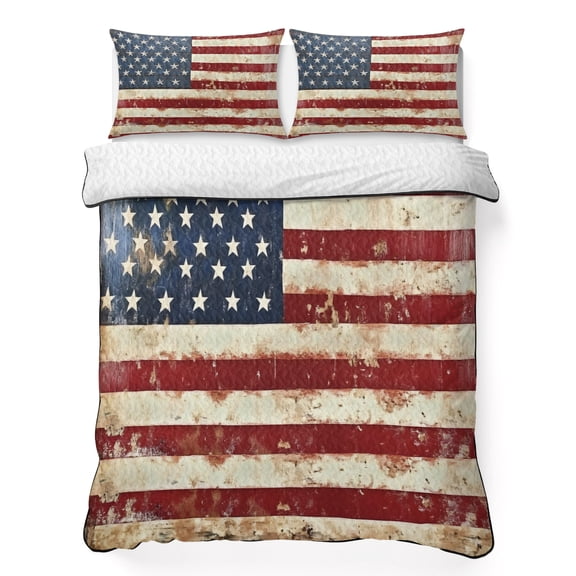 Full Quilt Bedding Set, Vintage American Flag Mottled Soft Microfiber Summer Bedspread Coverlet with 2 Pillow Shams for All Season, Independence Day Breathable Bedding Set for Hot Sleepers
