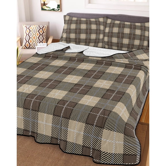 Full Quilt Bedding Set, Vintage Buffalo Tartan Plaid Lightweight Coverlet Summer Comforter Set Soft Microfiber Bedspread, Brown Checkered 3 Piece Quilt Set with 2 Pillow Shams All Seasons Use