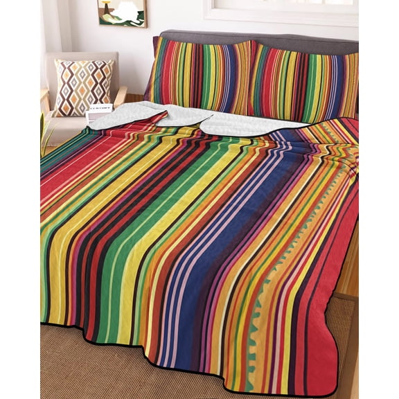 Full Quilt Bedding Set, Vintage Mexico Colorful Stripe Lightweight Coverlet Summer Comforter Set Soft Microfiber Bedspread, Abstract Ombre Rainbow Pattern 3 Piece Quilt Set with 2 Pillow Shams