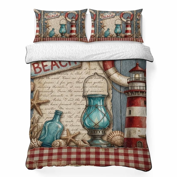 Full Quilt Bedding Set, Vintage Nautical Lighthouse on Wooden Soft Microfiber Summer Bedspread Coverlet with 2 Pillow Shams for All Season, to The Beach Quote Breathable Bedding Set for Hot Sleepers