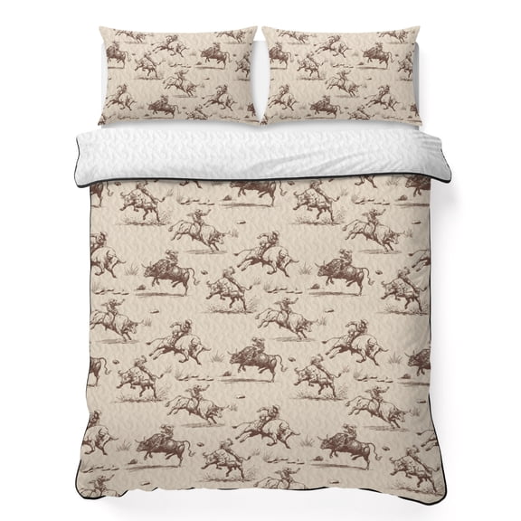 Full Quilt Bedding Set, Vintage Western Cowboy Desert Soft Microfiber Summer Bedspread Coverlet with 2 Pillow Shams for All Season, Farmhouse Ethnic Style Breathable Bedding Set for Hot Sleepers
