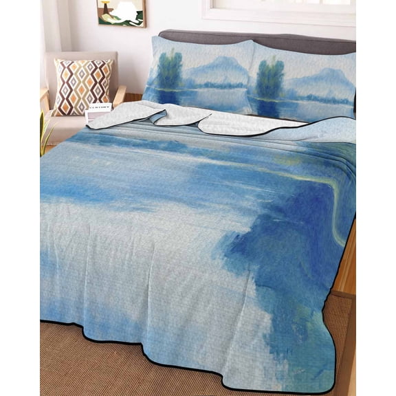 Full Quilt Bedding Set Watercolor Abstract Natural Scene Summer Quilt Lightweight Quilted Coverlet with 2 Pillow Shams, Mountain Tree Lake on Linen 3-Piece Bedspread Quilt Set for All Season