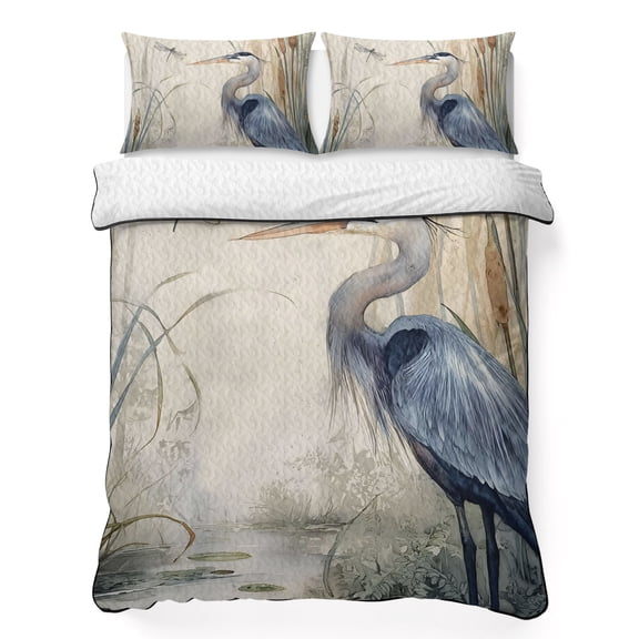 Full Quilt Bedding Set, Watercolor Animals Blue Heron Soft Microfiber Summer Bedspread Coverlet with 2 Pillow Shams for All Season, Reed Dragonfly Breathable Bedding Set for Hot Sleepers
