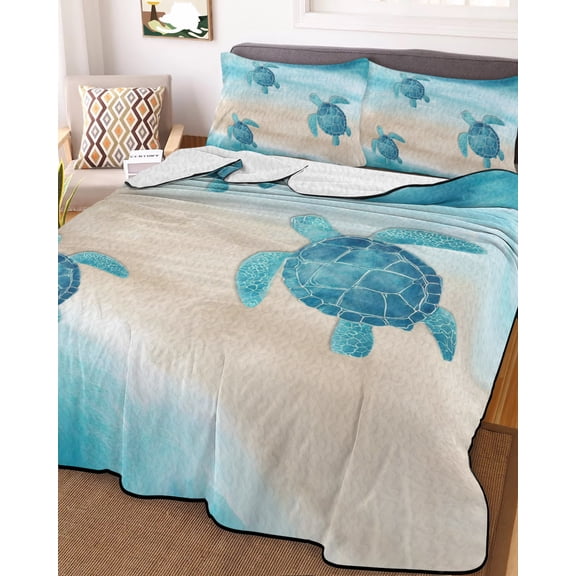 Full Quilt Bedding Set, Watercolor Blue Sea Turtles Lightweight Coverlet Summer Comforter Set Soft Microfiber Bedspread, Tropical Beach Ocean Scene 3 Piece Quilt Set with 2 Pillow Shams
