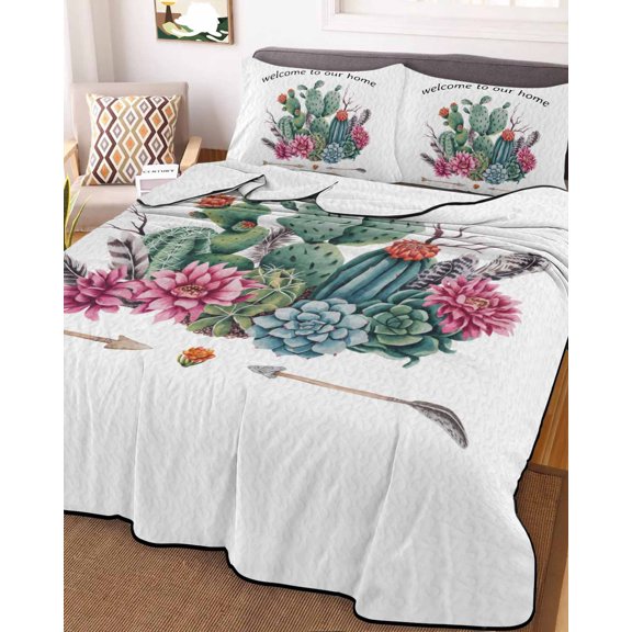 Full Quilt Bedding Set, Watercolor Cactus Flower Lightweight Coverlet Summer Comforter Set Soft Microfiber Bedspread, Farmhouse Tropical Plant Floral 3 Piece Quilt Set with 2 Pillow Shams