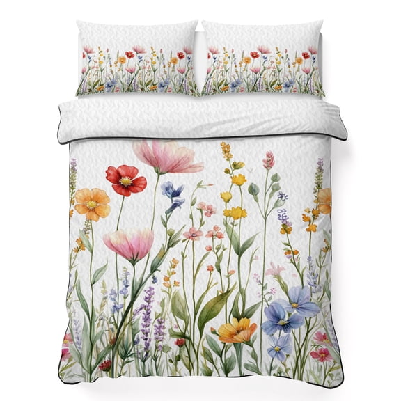 Full Quilt Bedding Set, Watercolor Country Wildflower Soft Microfiber Summer Bedspread Coverlet with 2 Pillow Shams for All Season, Pink Red Orange Floral Breathable Bedding Set for Hot Sleepers