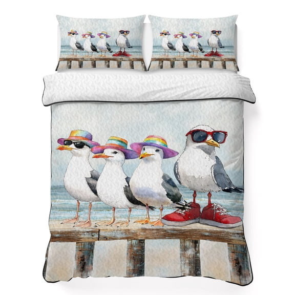 Full Quilt Bedding Set Watercolor Funny Seagull Bird Breathable Summer Cooling Blanket for Hot Sleepers, Ocean Beach Coast Scene Lightweight Soft Bedding Set with 2 Pillow Shams for All Season