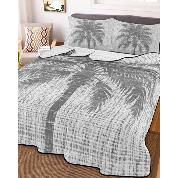 Full Quilt Bedding Set, Watercolor Palm Tree Gray Lightweight Coverlet Summer Comforter Set Soft Microfiber Bedspread, Vintage Burlap Linen Texture 3 Piece Quilt Set with 2 Pillow Shams