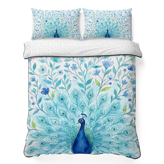 Full Quilt Bedding Set Watercolor Peacock Flower Feather Breathable Summer Cooling Blanket for Hot Sleepers, Rustic Floral Animal Art Soft Bedding Set with 2 Pillow Shams for All Season