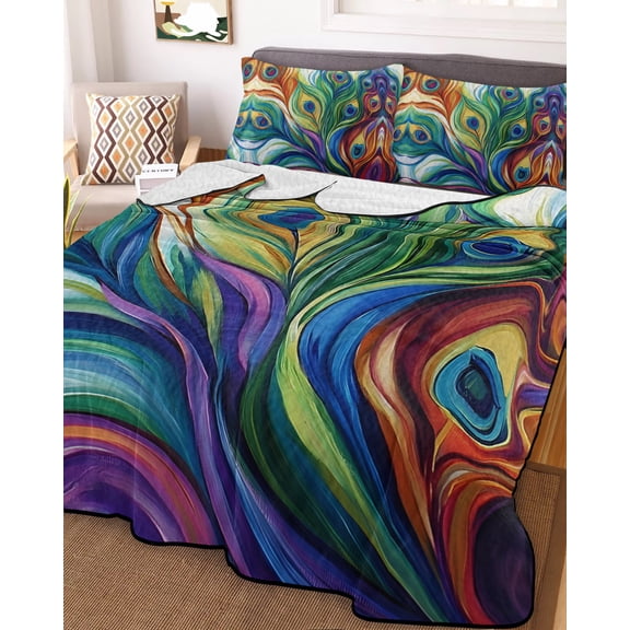 Full Quilt Bedding Set, Watercolor Peacock Leather Lightweight Coverlet Summer Comforter Set Soft Microfiber Bedspread, Abstract Line Eyes 3 Piece Quilt Set with 2 Pillow Shams All Seasons Use