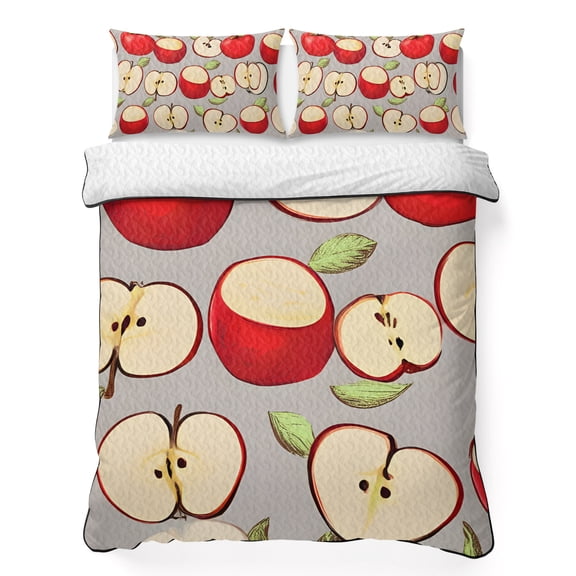 Full Quilt Bedding Set, Watercolor Red Apples Soft Microfiber Summer Bedspread Coverlet with 2 Pillow Shams for All Season, Country Fruits Breathable Bedding Set for Hot Sleepers